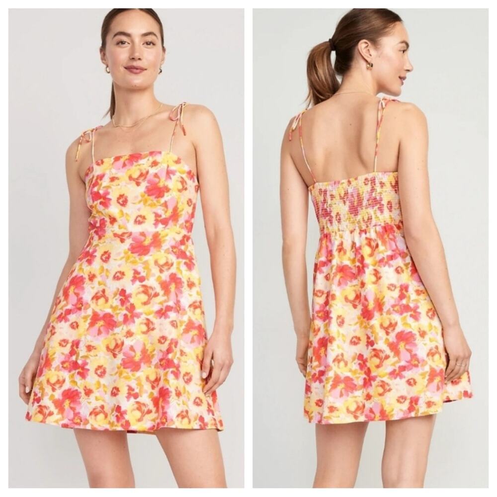 Old Navy Linen Fit & Flare Tie-Shoulder Mini Dress in Pink Watercolor - Size S